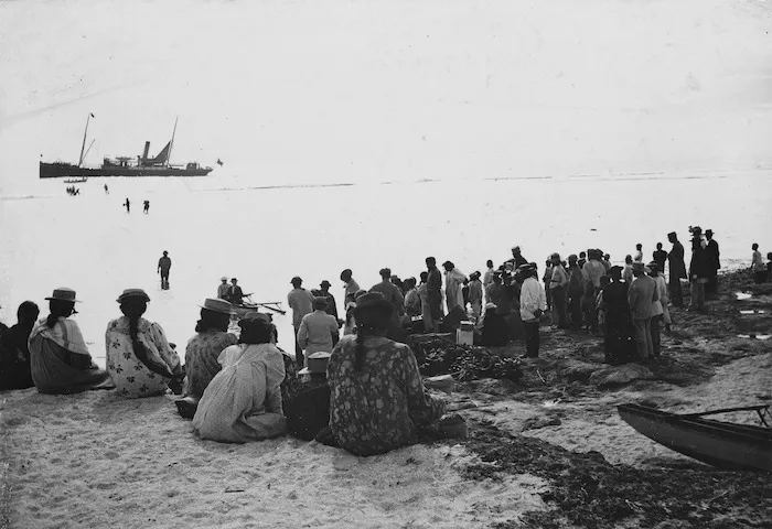 Sears, Frederick W, fl 1890s-1900s (Photographer) : Crowd on the island of Mangaia, Cook Islands, with the ship `Tutanekai' in the distance