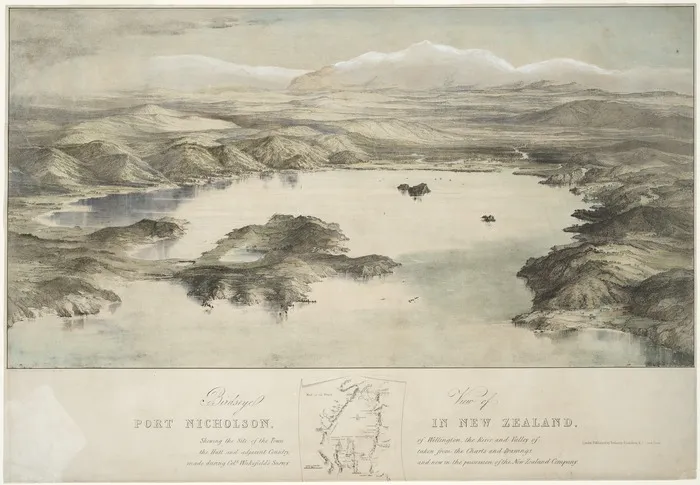 [Heaphy, Charles] 1820-1881 :Birdseye view of Port Nicholson, in New Zealand, shewing the site of the town of Wellington, the river and valley of the Hutt and adjacent country, taken from the charts and drawings made during Col[one]l Wakefield's survey, [1839] and now in the possession of the New Zealand Company. Drawn, lithographed by T. Allom [from a drawing by Charles Heaphy]. Printed by Hullmandel & Walton. London, Published by Trelawney Saunders, [1843?]