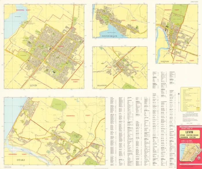 Street map of Levin, Otaki, Foxton Beach, Shannon, Foxton : scale 1:12 500 (1 cm to 125 meters).