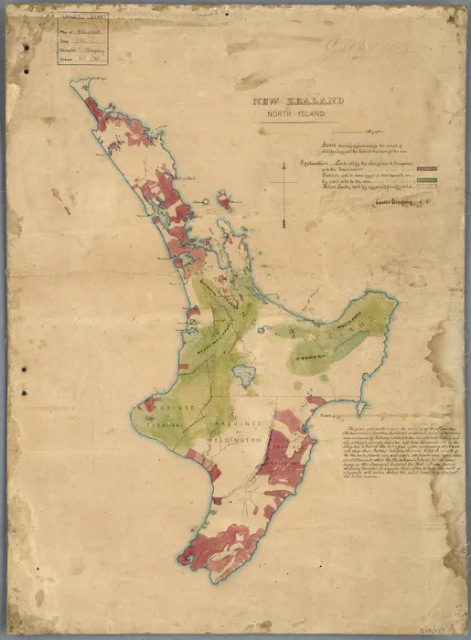 North Island ... sketch showing approximately the extent of white territory, and the districts which have fed the war ... / [by] Charles Heaphy.