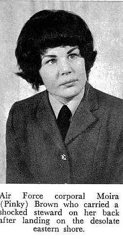 Air Force corporal Moira (Pinky) Brown who carried a shocked steward on her back after landing on the desolate eastern shore