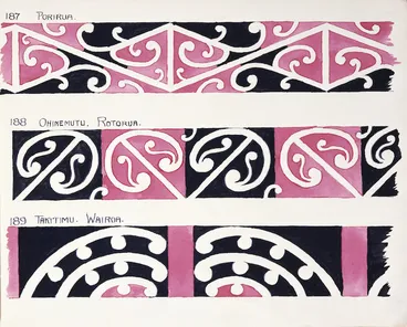 Image: Godber, Albert Percy, 1876-1949 :[Drawings of Maori rafter patterns]. 187. Porirua; 188. Ohinemutu. Rotorua; 189. Takitimu. Wairoa. [1945].