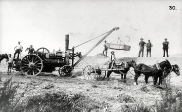 Image: Hutt Valley history 30; erosion and flood protection; traction engine and crane on stop-bank