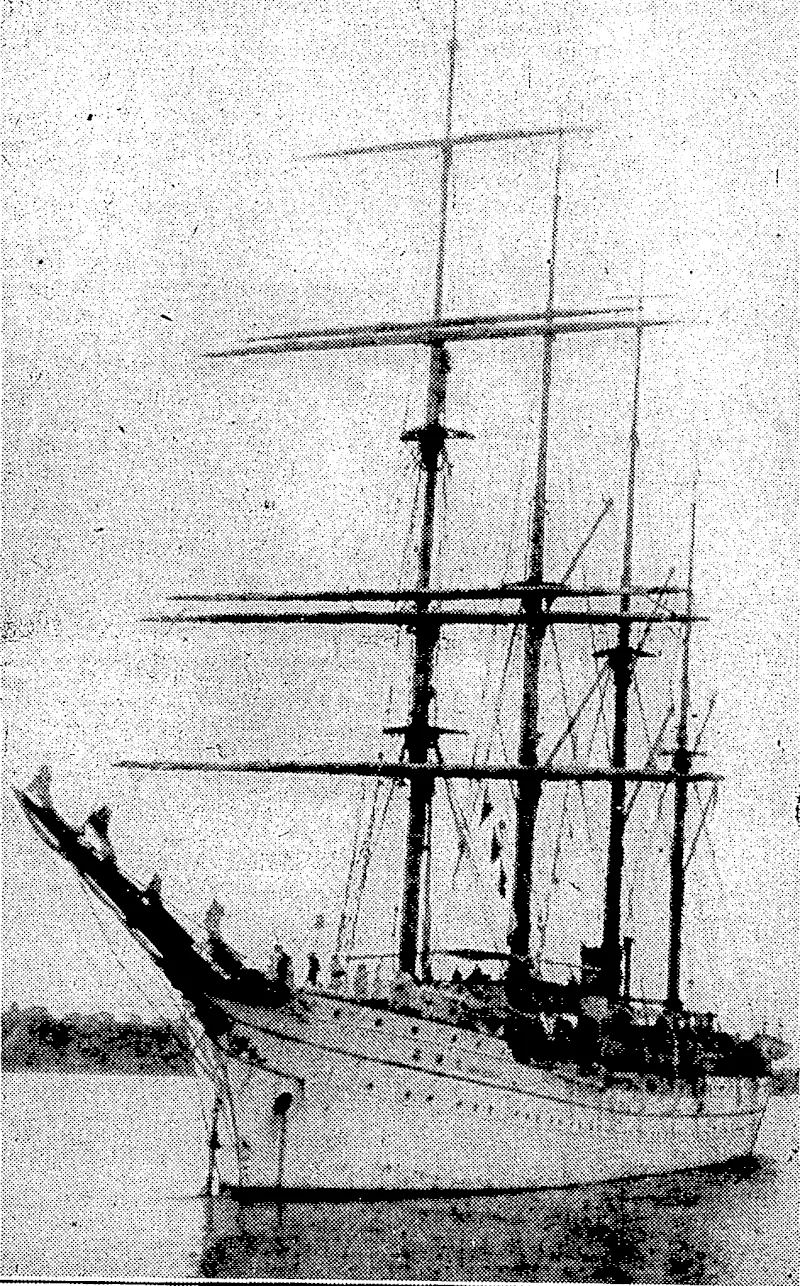 C..W. Hawkins Photo. JAPANESE'-TRAINING^SHIP— The auxiliary four-masted barquentine' Shinioku Mark, used- by the Japanese Department of Education as a merchant training vessel.- She is due here in a few'days in the course ofian extended,cruise of the. Pacific. ■ (Evening Post, 20 August 1935)