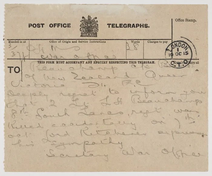 Telegram of condolence to Harold and Annie Beauchamp