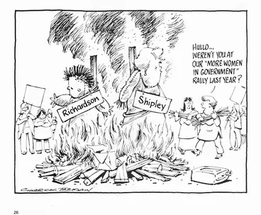 Image: Tremain, Garrick, 1941- :'Hullo...weren't you at our 'more women in government' rally last year?' Otago Daily Times, 1991.