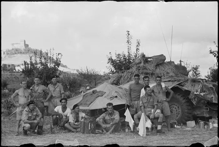 New Zealand Divisional Cavalry camped near Riccione with Gradara castle in background, Italy, World War II - Photograph taken by George Kaye