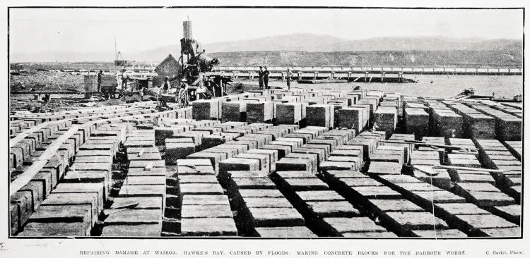 Repairing damage at Wairoa, Hawke's Bay, caused by floods: making concrete blocks for the harbour works