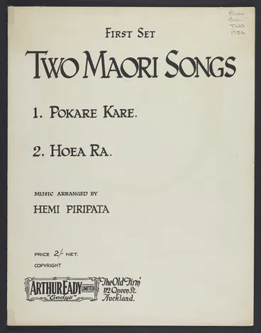 Image: Two Māori songs. First set, 1. Pokare kare 2. Hoea rā / music arranged by Hemi Piripata.