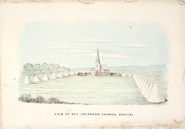 Image: Brett, Henry, 1842-1927 :View of Rev. Volkner's church, Opotiki / H Brett Litho - [Auckland ; Brett, 1887]