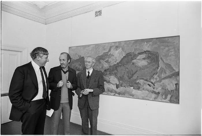 Mayor of Wellington Michael Fowler, property developer Bob Jones, art dealer Peter McLeavy, and a painting by Sir Toss Woollaston - Photograph taken by John Nicholson