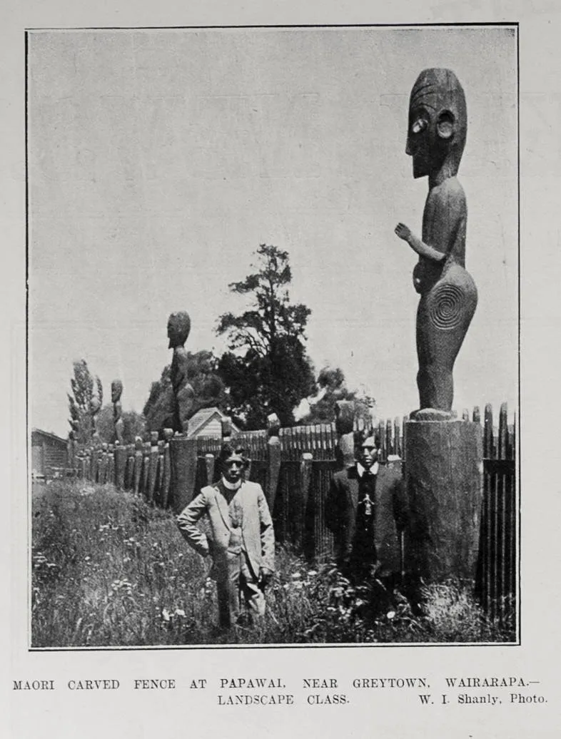 MAORI CARVED FENCE AT PAPAWAI, NEAR GREYTOWN, WAIRARAPA.- LANDSCAPE CLASS