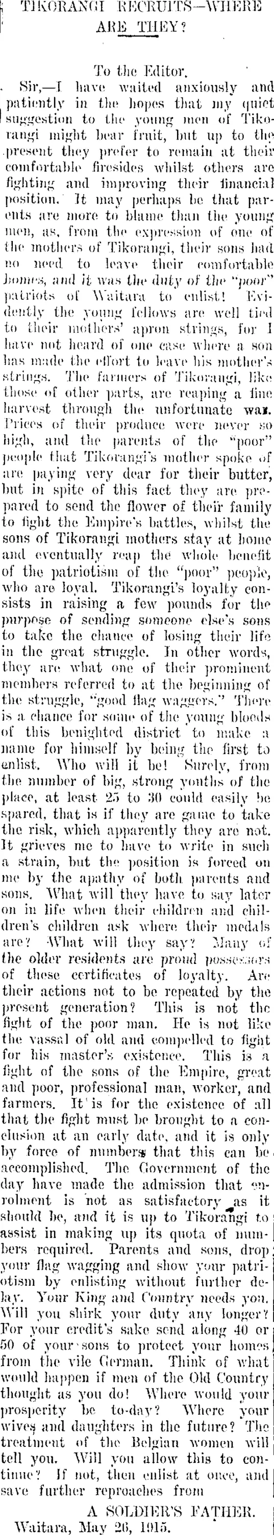 TIKORANGI RECRUITS-WHERE ARE THEY? (Taranaki Daily News 28-5-1915)