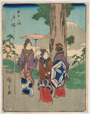 Three women with umbrellas, Mount Fuji in background