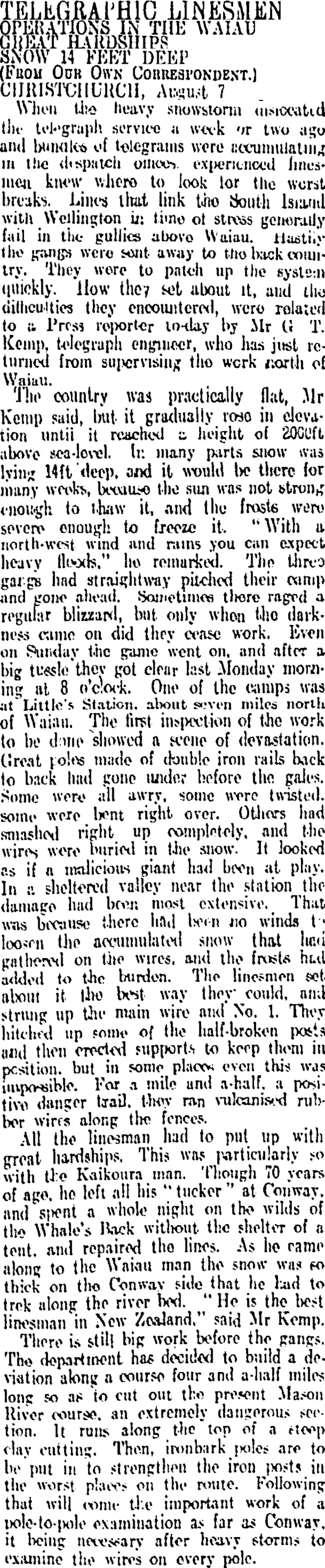 TELEGRAPHIC LINESMEN (Otago Daily Times 8-8-1912)