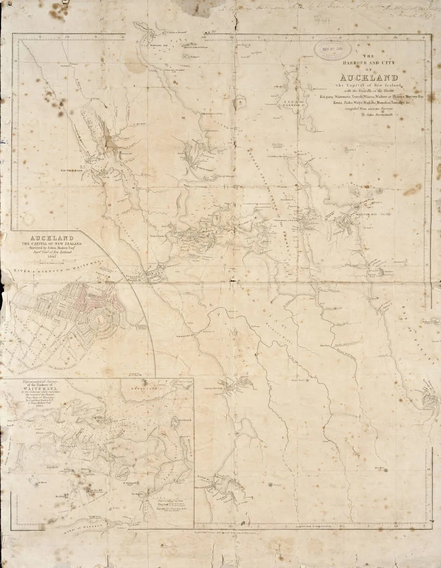 The harbour and city of Auckland, the capital of New Zealand with the districts of the rivers Kaipara, Waitemata, Tamaki, Waihou or Thames, Mercury Bay, Kawia, Piako, Waipa, Waikato, Manakao, Tauranga, etc., compiled from various surveys by John Arrowsmith.