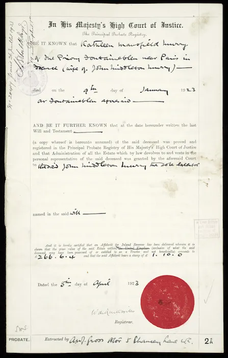 Will of Katherine Mansfield Murry