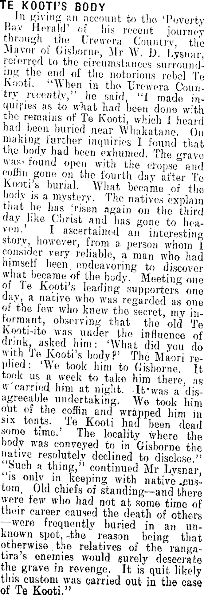 TE KOOTI'S BODY. (Clutha Leader 15-2-1910)