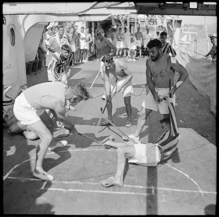 Deck hockey on HMS Leander, Alexandria - Photograph taken by M D Elias