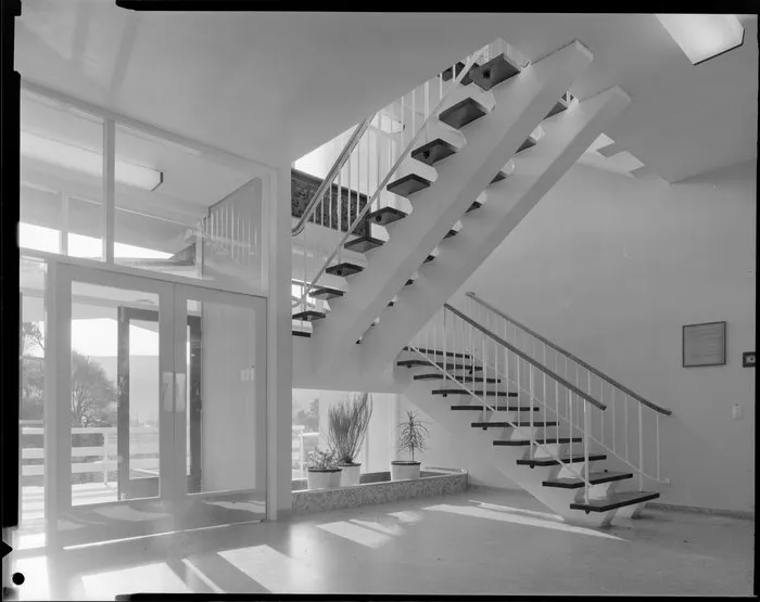 Interior stairs, Ministry of Works, Soil Bureau building, Taita, Lower Hutt, Wellington