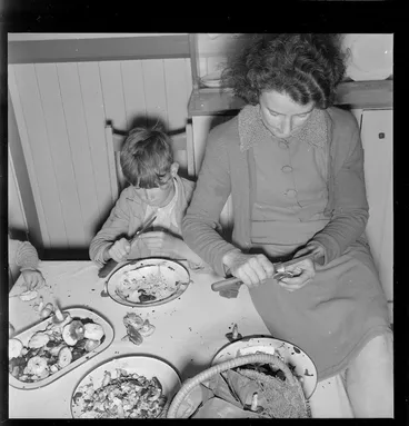 Image: Grace Porter, and her son Bobby preparing mushrooms at Manuka Point Station, Canterbury