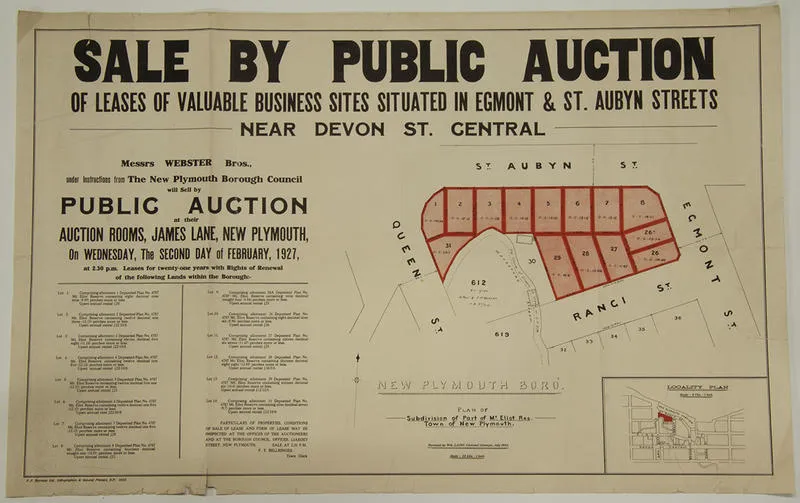 Sale by Public Auction of Leases of Valuable Business Situated in Egmont and St Aubyn Streets near Devon Street Central [poster]