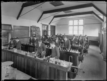 Image: Students working in a chemistry laboratory, Christ's College, Christchurch