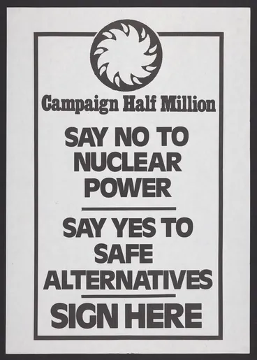 Image: [Campaign for Non-Nuclear Futures]: Campaign Half Million; say no to nuclear power; say yes to safe alternatives. Sign here [1976]