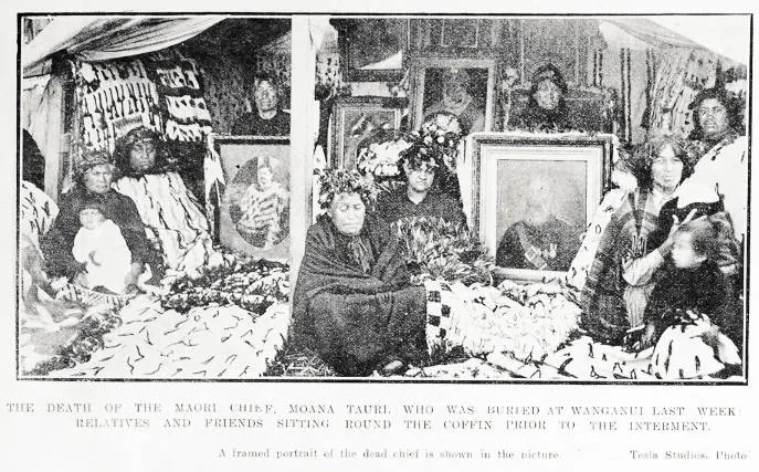 The death of the Maori chief, Moana Tauri, who was buried at Wanganui last week: relatives and friends sitting round the coffin prior to the interment