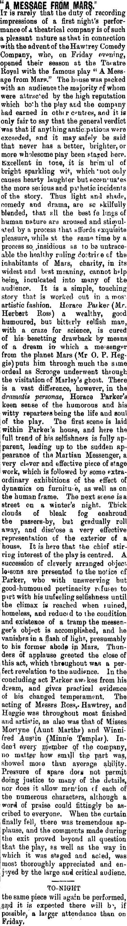 "A MESSAGE FROM MARS." (Taranaki Daily News 18-1-1902)