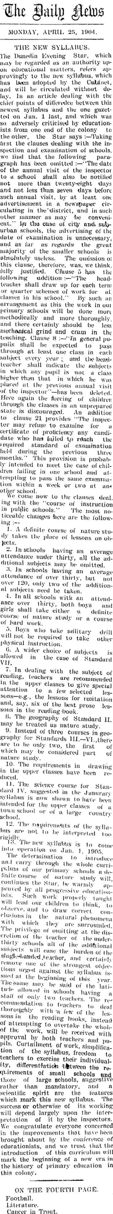 Image: The Daily News. MONDAY, APRIL 25, 1904. THE NEW SYLLABUS. (Taranaki Daily News 25-4-1904)
