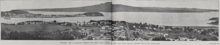 Telephoto view of Auckland harbour from Mount Eden, showing the north shore and southern part of Hauraki Gulf