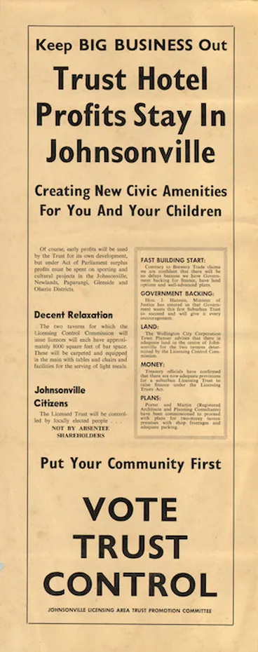 Image: Johnsonville Licensing Area Trust. Promotion Committee :Keep big business out. Trust hotel profits stay in Johnsonville. Vote Trust control. [1966-67].
