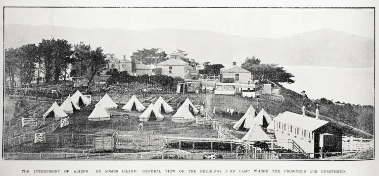 The internment of aliens on Somes Island: general view of the buildings and camp where the prisoners are quartered