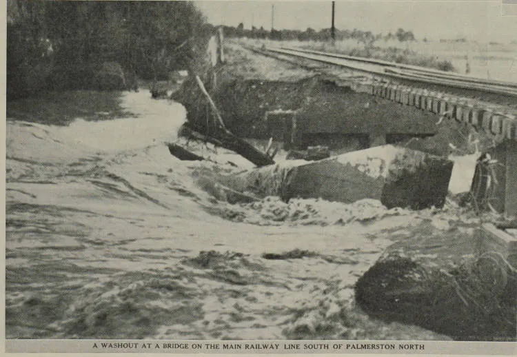 A washout at a bridge on the main railway line south of Palmerston North