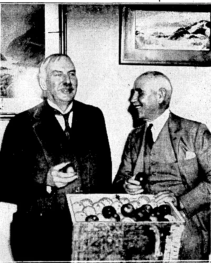 Sport and General" Photo. THE MILLIONTH CASE.—Lord Rutherford (left) and'the High Commissioner for New Zealand, Sir James Parr, sampling the millionth case of apples exported last season from Nelson. Lord Rutherford is a native of Nelson, and fruit growers in that district made him a present of the millionth case. . . (Evening Post, 22 August 1934)