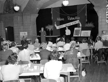 Image: [Dr Silvia Lowrie, beautician, demonstrating Helena Rubinstein's, Beauty Through Science programme at Milne & Choyce deaprtment store]