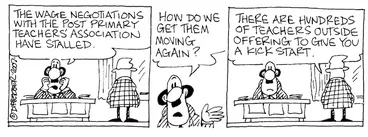 Image: Fletcher, David 1952-:'The wage negotiations with the Post Primary Teachers' Association have stalled...How do we get them moving again?' 'There are hundreds of teachers outside offering to give you a kick start.' The Dominion, 14 March, 2002.
