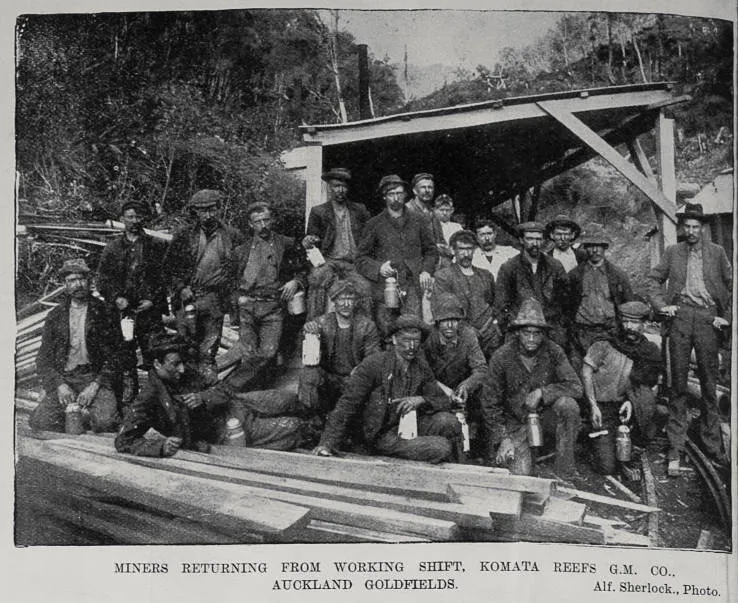 Miners returning from working shift, Komata Reefs G.M. Co., Auckland Goldfields