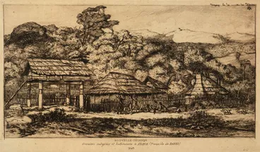 Image: Greniers indigènes et habitation à Akaroa, presqu'île de Banks, 1845.