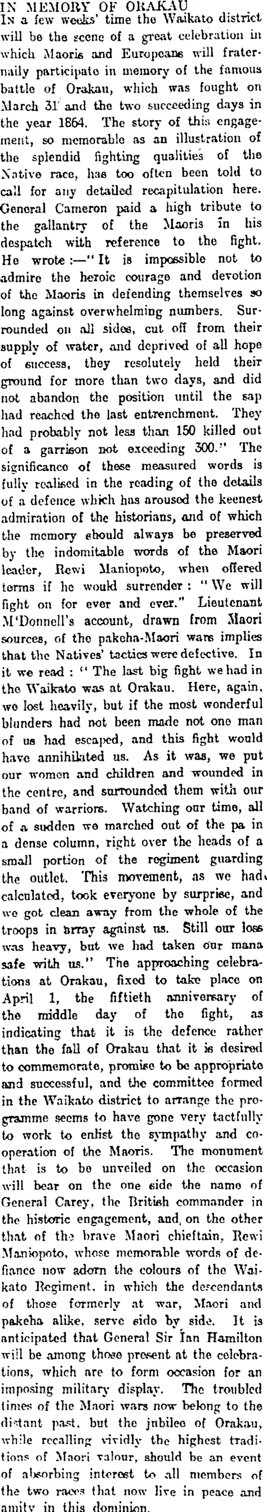 IN MEMORY OF ORAKAU. (Otago Daily Times 6-3-1914)
