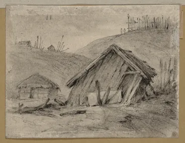 Image: [Swainson, William], 1789-1855 :[Ruined shack, pa in background. ca 1845]