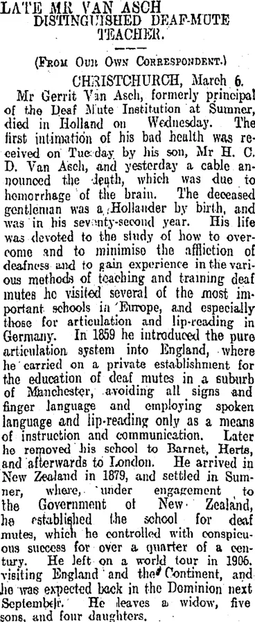 Image: LATE MR VAN ASCH. (Otago Daily Times 7-3-1908)