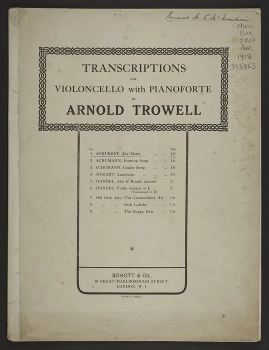 Ave Maria / by F. Schubert ; arranged by Arnold Trowell.