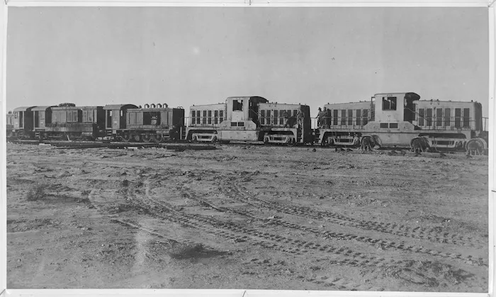 Diesel trains operated in the Western Desert by NZ engineers, World War II - Photograph taken by Major D A Clarke