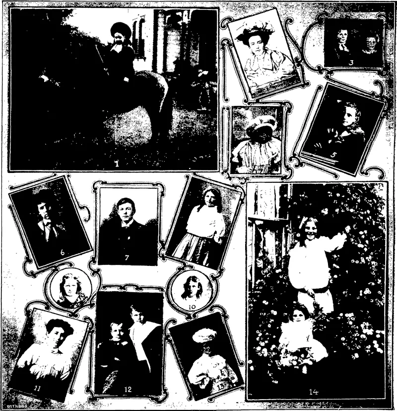 GROUP OF D.L.F.  (1) Water of Leith; (2) A Wild1 Duck's Feather; (3) Dorothy and Little Pearl; (4) Fatty's Sister; (5) Roseleal; \fi) Spooney; (7) Red Feather (died August 16, 1908, aged 14 years 8 months); (8) Sally; (9) Greta; (10) A Japanese Duchess; (11)Kippiehoe; (12) Latour d'Auvergne (sitting), The White Wizard (standing); (13) Sweetheart; (14) Romps and a little friend. (Otago Witness, 04 November 1908)