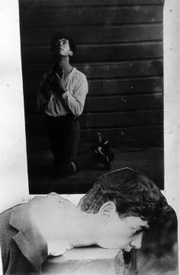 Image: Theatrical scenes, one of a man kneeling and one of the same man with his head on a block