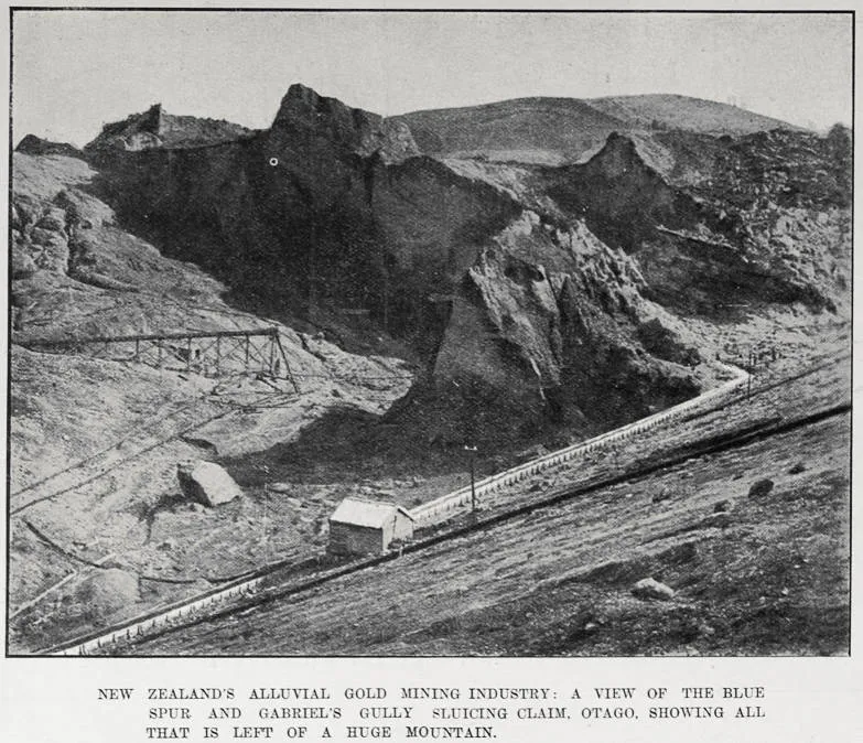 NEW ZEALAND'S ALLUVIAL GOLD MINING INDUSTRY: A VIEW OF THE BLUE SPUR AND GABRIEL'S GULLY SLUICING CLAIM, OTAGO, SHOWING ALL THAT IS LEFT OF A HUGE MOUNTAIN