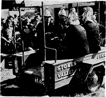 Image: Evening Post" Photo. Trailer outfit built. by members of tlie Stokes: Valley Volunteer Fire Brigade, and manned by some members of the brigade, when the new fire station building was opened on Saturday by Mr. H. E. Combs, M.P. (Evening Post, 12 November 1940)