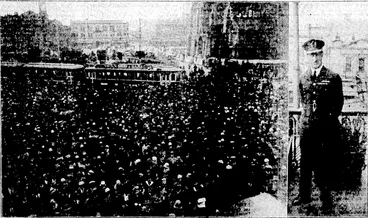 Image: Captain Kingsford Smith (on the right) on the balcony of the United Servioe Hotel, Cathedral *«««, Chrbtefcurtb, where he acknowfeiifed the cheers of the crowd which had collected in the square below to do htm fcoMt^i (Evening Post, 12 September 1928)